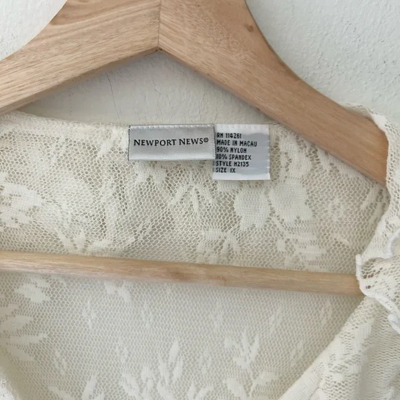 Newport News 1X Sheer Ivory Floral Lace Ruffle Blouse - Picture 2 of 6